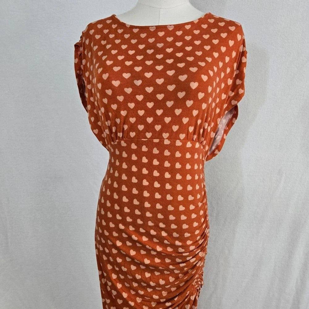Free People Dress Womens S Orange Maxi Bodycon Polka Dot Ruched Cutout Back